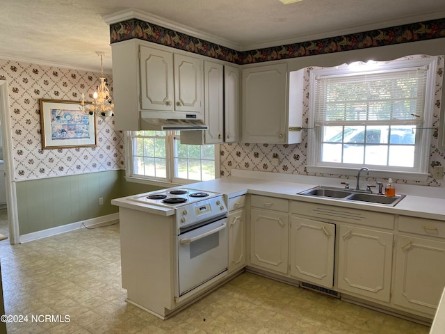 kitchen with electric stove, sink, a wealth of natural light, and an inviting chandelier