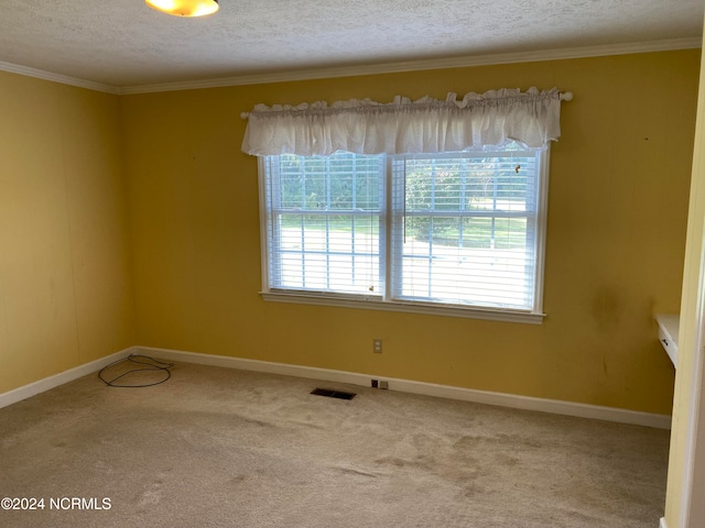 carpeted spare room featuring a textured ceiling and ornamental molding