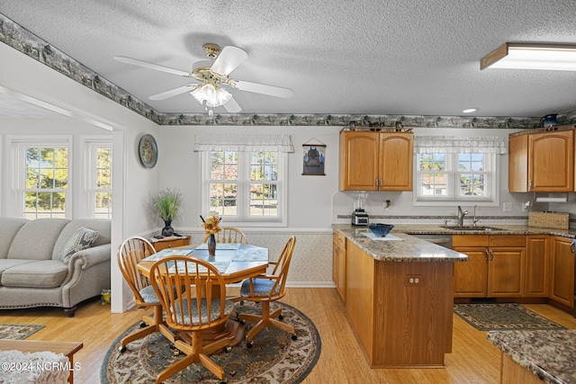 kitchen with sink, ceiling fan, light stone countertops, a textured ceiling, and light hardwood / wood-style floors