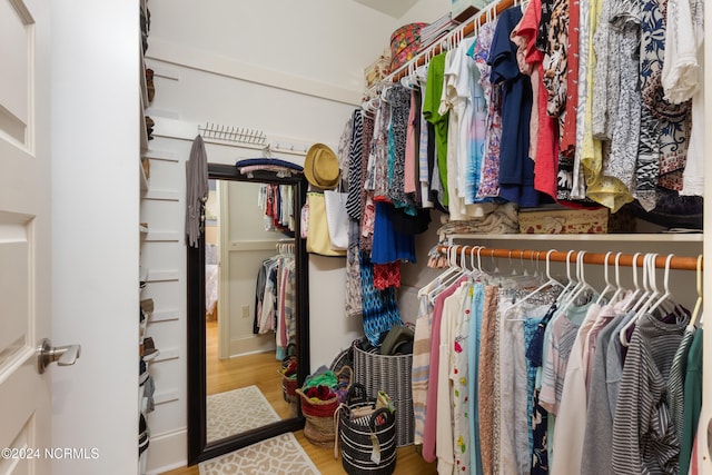 walk in closet with hardwood / wood-style floors