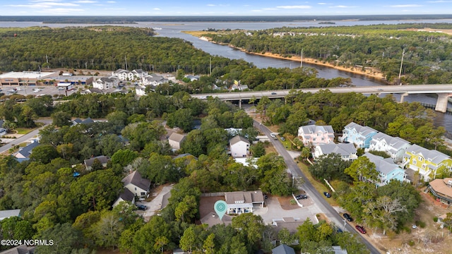 drone / aerial view featuring a water view