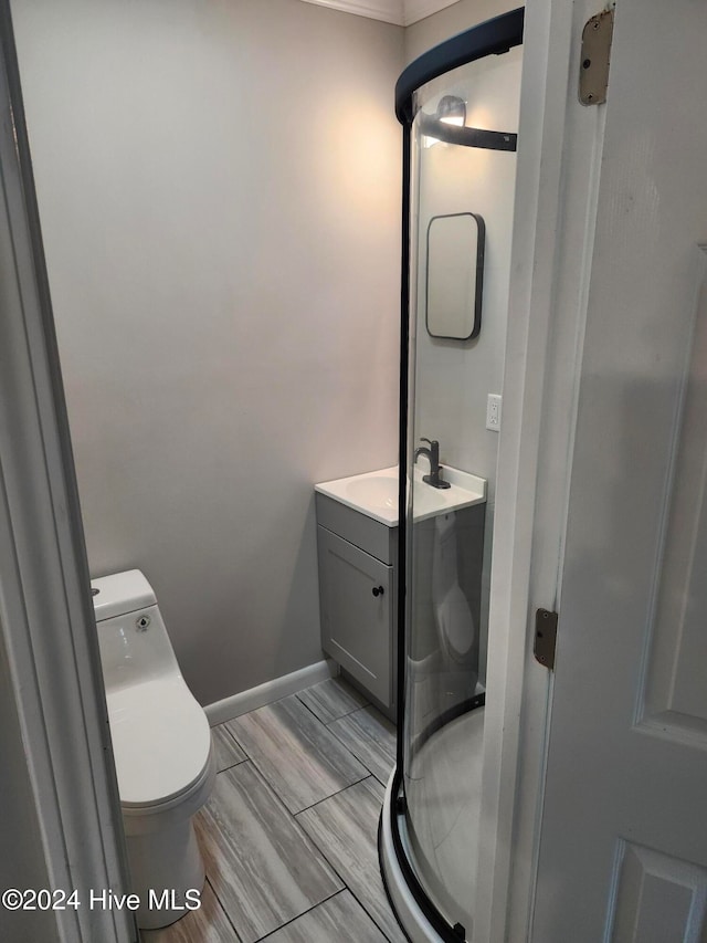 bathroom with vanity, toilet, and walk in shower