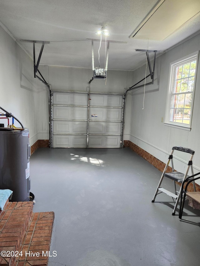 garage featuring a garage door opener and water heater