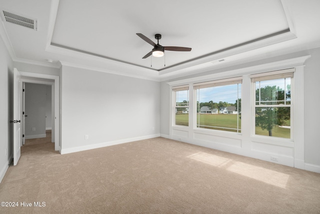 carpeted spare room with ornamental molding, ceiling fan, and a raised ceiling