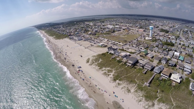 aerial view featuring a water view and a beach view