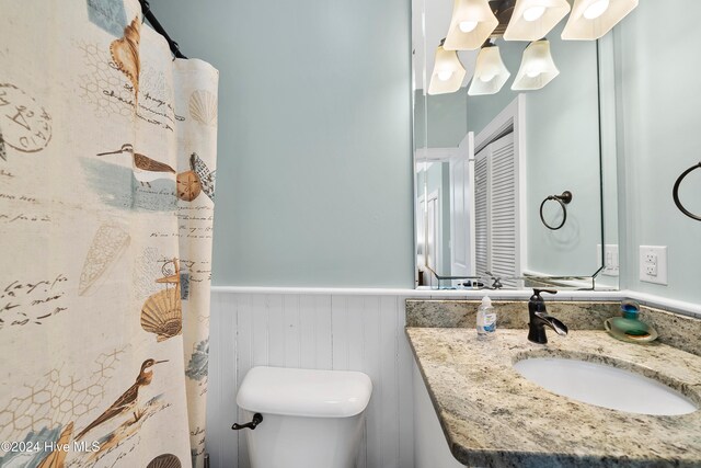 bathroom featuring vanity, toilet, and a shower with curtain