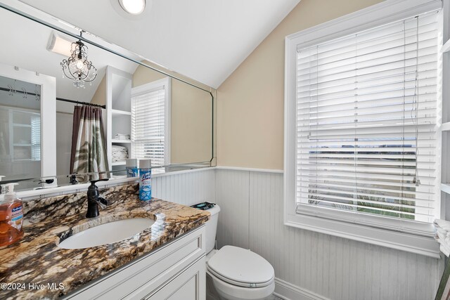 bathroom featuring toilet, lofted ceiling, vanity, and an inviting chandelier