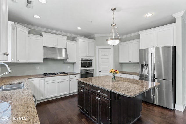 kitchen featuring sink, stainless steel appliances, dark hardwood / wood-style flooring, ventilation hood, and white cabinets