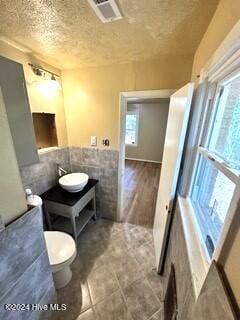 bathroom with vanity, a textured ceiling, toilet, and wood-type flooring