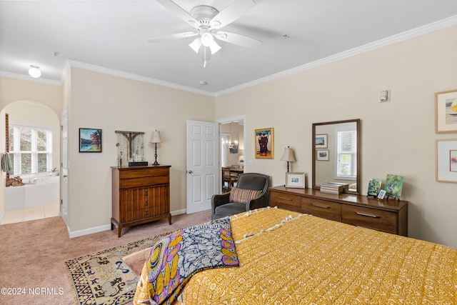 carpeted bedroom featuring ceiling fan, ensuite bathroom, and crown molding