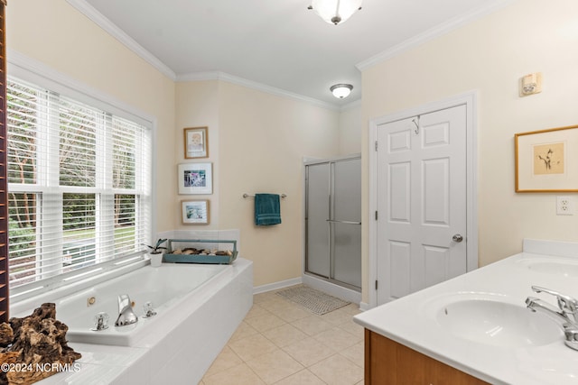 bathroom with ornamental molding, vanity, tile patterned floors, and shower with separate bathtub