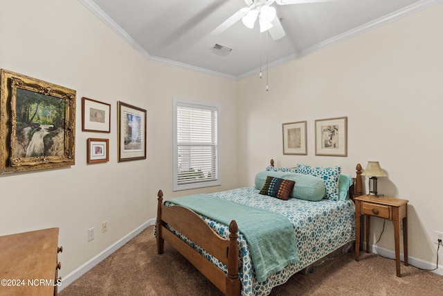 bedroom featuring ceiling fan, crown molding, and carpet flooring