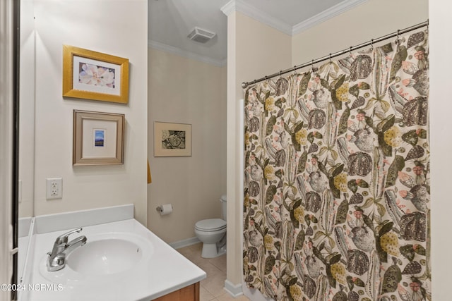 bathroom with toilet, crown molding, curtained shower, tile patterned floors, and vanity