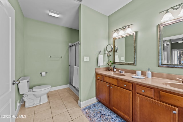 bathroom with tile patterned flooring, vanity, toilet, and a shower with door