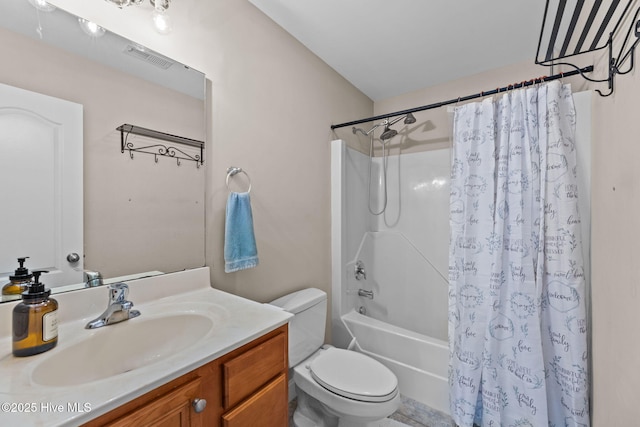 full bathroom featuring vanity, toilet, and shower / bathtub combination with curtain