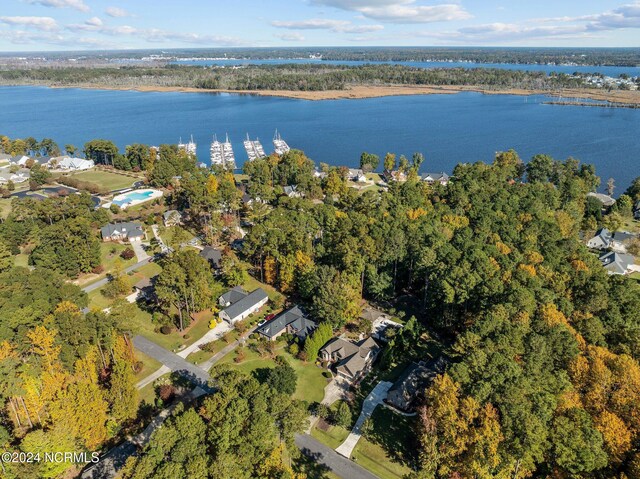 bird's eye view with a water view and a forest view