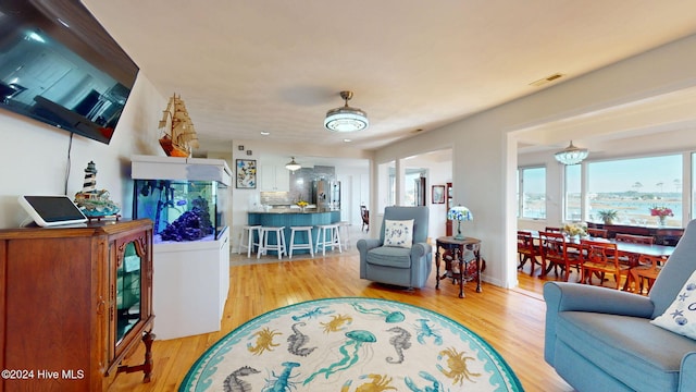 living room with hardwood / wood-style floors and ceiling fan