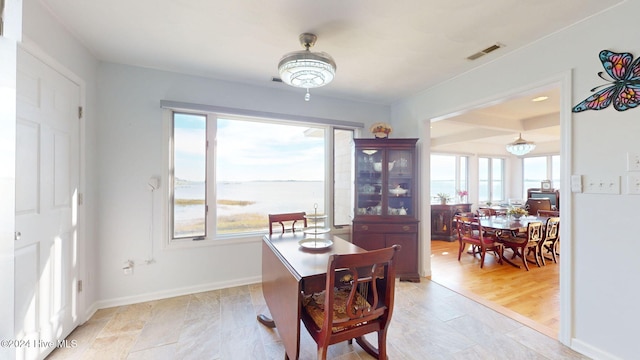 dining space with a water view, light hardwood / wood-style flooring, and a healthy amount of sunlight