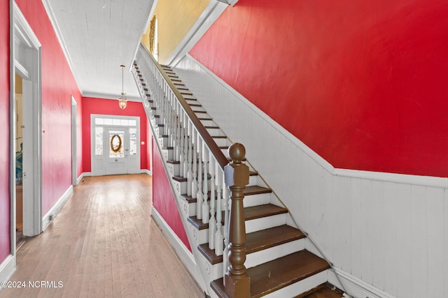 950 Main St, Fair Bluff, NC 28439 - stairway with hardwood / wood-style floors and a wainscoted wall