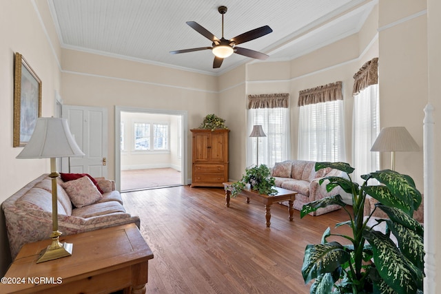 950 Main St, Fair Bluff, NC 28439 - living area featuring a ceiling fan, wood finished floors, and ornamental molding