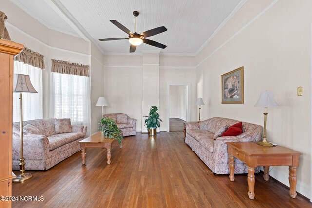 950 Main St, Fair Bluff, NC 28439 - living room featuring ceiling fan, wood-type flooring, baseboards, and crown molding