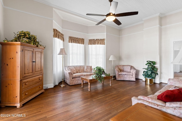 950 Main St, Fair Bluff, NC 28439 - living room featuring ceiling fan, crown molding, and wood finished floors