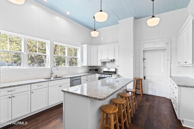 950 Main St, Fair Bluff, NC 28439 - kitchen with a sink, appliances with stainless steel finishes, a towering ceiling, white cabinetry, and ornamental molding