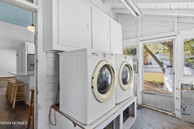 950 Main St, Fair Bluff, NC 28439 - clothes washing area with washing machine and clothes dryer, hardwood / wood-style floors, and wooden ceiling