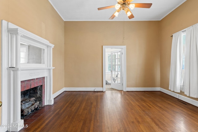 950 Main St, Fair Bluff, NC 28439 - unfurnished living room featuring a ceiling fan, hardwood / wood-style flooring, crown molding, a fireplace, and baseboards
