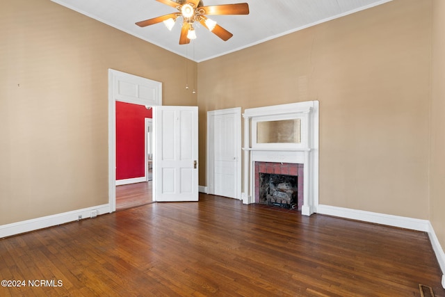 950 Main St, Fair Bluff, NC 28439 - unfurnished living room featuring ceiling fan, crown molding, baseboards, wood finished floors, and a tiled fireplace