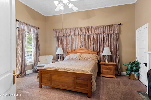 950 Main St, Fair Bluff, NC 28439 - bedroom with carpet floors, crown molding, baseboards, and a ceiling fan