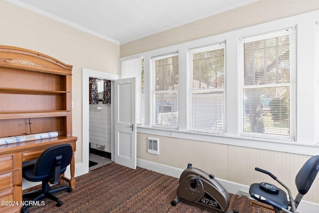 950 Main St, Fair Bluff, NC 28439 - home office featuring dark carpet, crown molding, healthy amount of natural light, and wainscoting