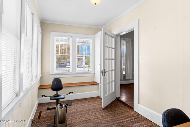 950 Main St, Fair Bluff, NC 28439 - exercise room with dark colored carpet, baseboards, and ornamental molding