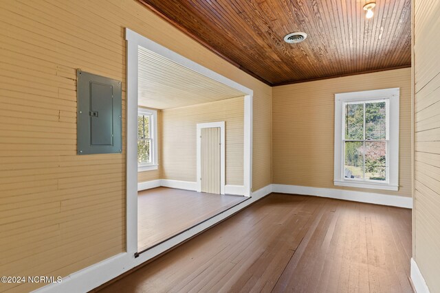 950 Main St, Fair Bluff, NC 28439 - spare room featuring electric panel, hardwood / wood-style floors, wood ceiling, wooden walls, and healthy amount of natural light