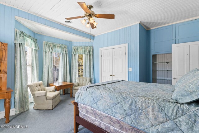 950 Main St, Fair Bluff, NC 28439 - bedroom featuring carpet flooring, a closet, a ceiling fan, and crown molding