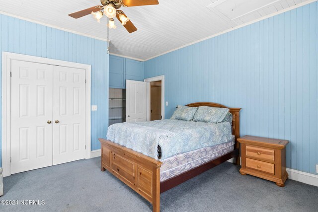 950 Main St, Fair Bluff, NC 28439 - bedroom featuring carpet, attic access, a closet, ornamental molding, and ceiling fan