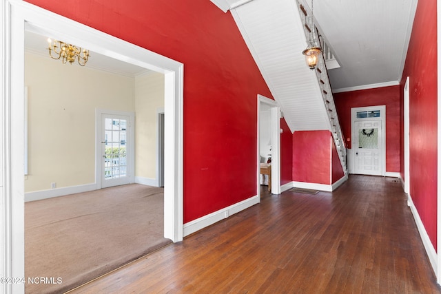 950 Main St, Fair Bluff, NC 28439 - corridor with a chandelier, baseboards, wood-type flooring, and ornamental molding
