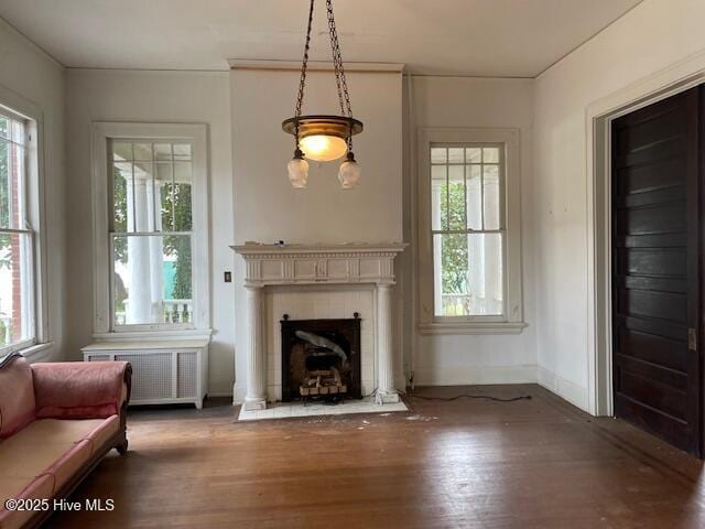 4290 W Church St, Farmville, NC 27828 - living room with plenty of natural light, baseboards, wood finished floors, and a fireplace