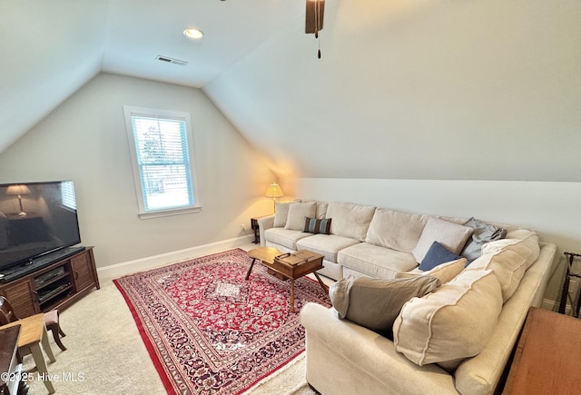 living room with vaulted ceiling, carpet, visible vents, and baseboards