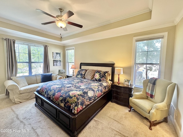 5800 Neelys Ct, Wilmington, NC 28409 - bedroom featuring ornamental molding, light colored carpet, a tray ceiling, ceiling fan, and baseboards