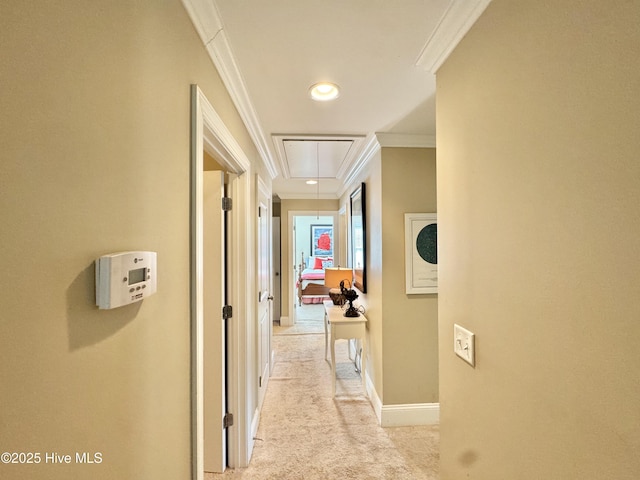 5800 Neelys Ct, Wilmington, NC 28409 - corridor featuring attic access, ornamental molding, light colored carpet, baseboards, and recessed lighting