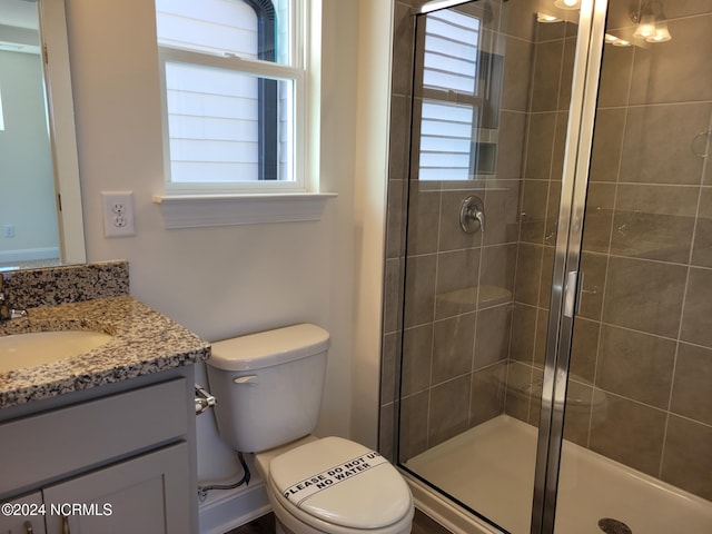 full bathroom with a shower stall, healthy amount of natural light, vanity, and toilet
