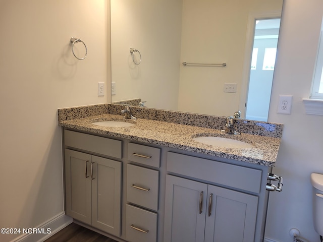 full bathroom featuring toilet, double vanity, and baseboards