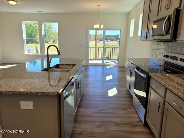 kitchen featuring stainless steel appliances, a sink, dark wood-type flooring, and healthy amount of natural light