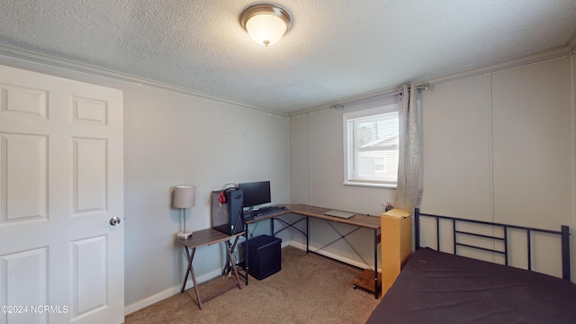 bedroom with a textured ceiling and light colored carpet