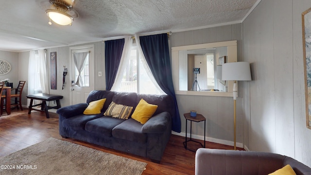 living room with dark wood-type flooring, crown molding, and a textured ceiling