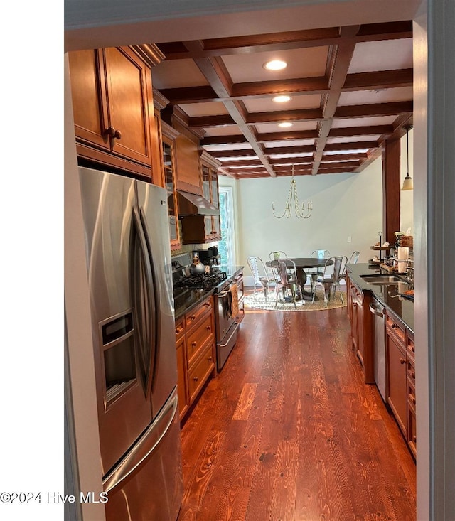 kitchen featuring appliances with stainless steel finishes, coffered ceiling, beamed ceiling, dark wood-type flooring, and extractor fan