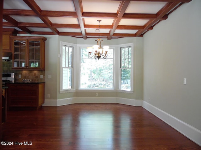 dining area featuring an inviting chandelier, dark wood-type flooring, coffered ceiling, and plenty of natural light