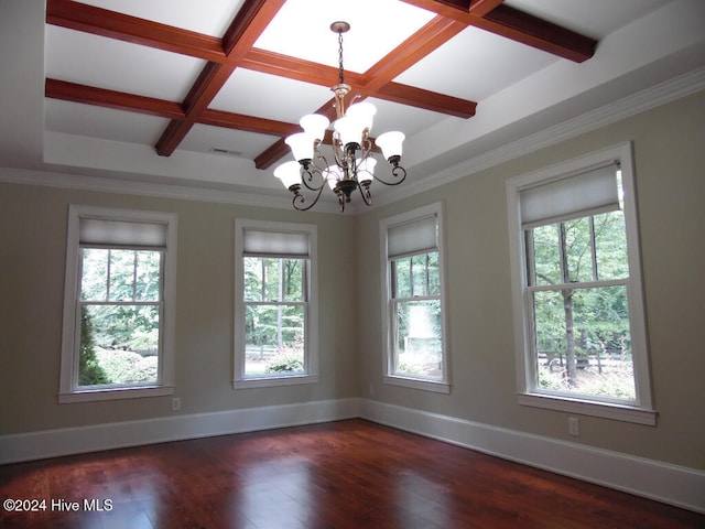 unfurnished room with a notable chandelier, coffered ceiling, plenty of natural light, and dark hardwood / wood-style flooring