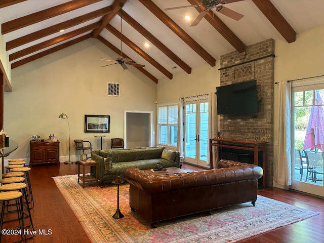 living room with beamed ceiling, a fireplace, high vaulted ceiling, and dark hardwood / wood-style flooring